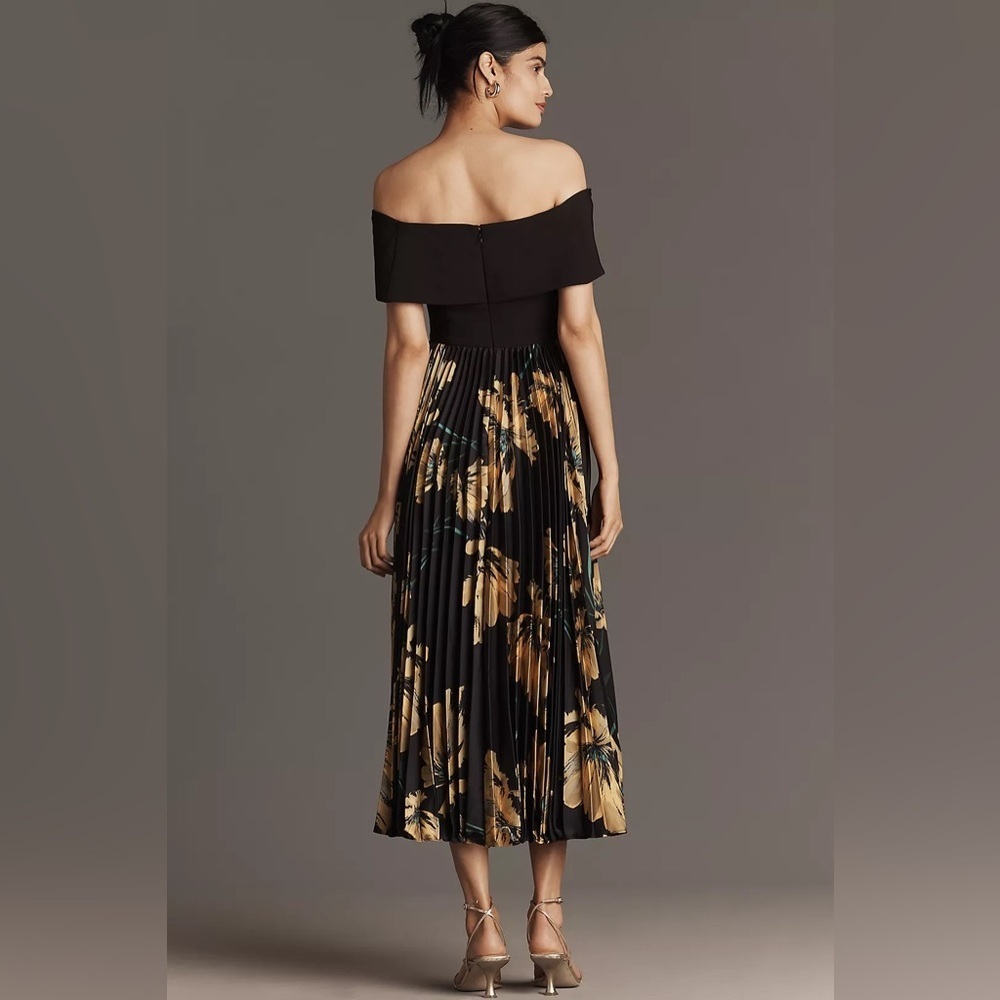 Anthropologie Black One-Shoulder Midi Dress with Gold Floral Pleats - Picture 2 of 6